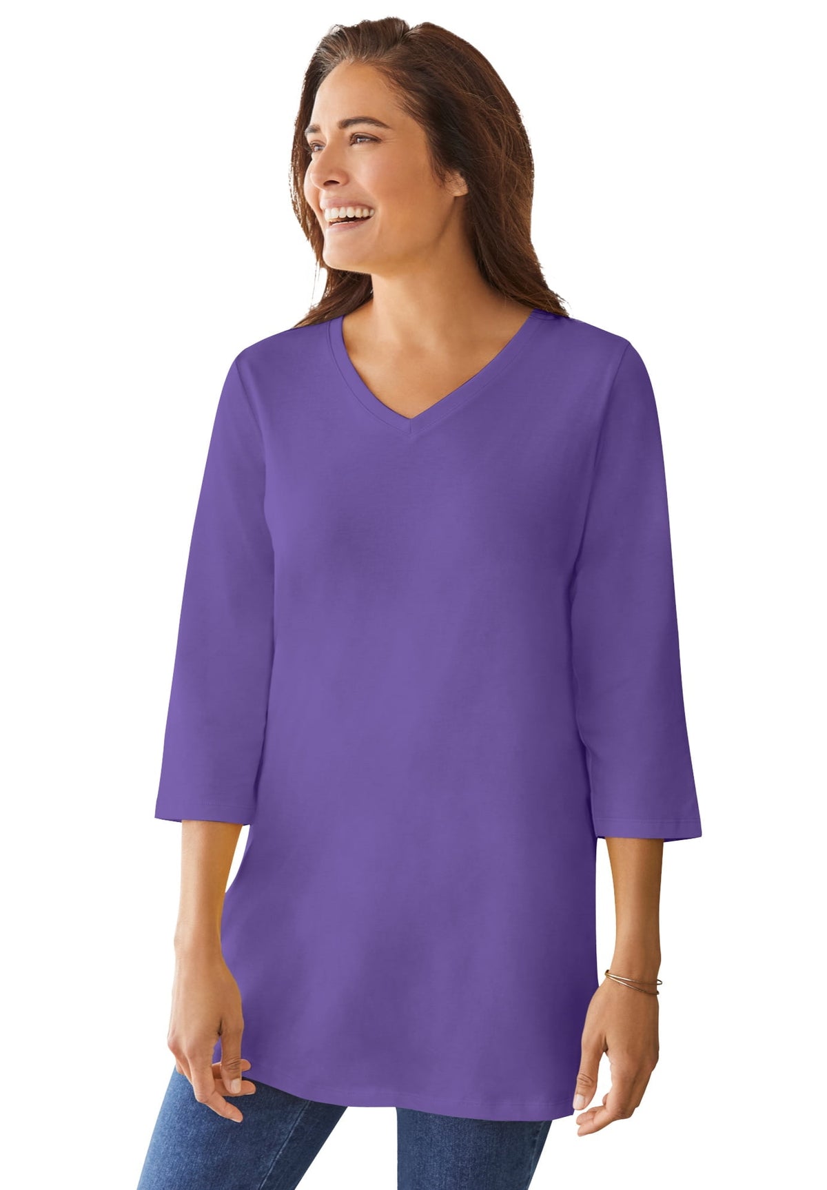 Woman Within Plus Size Perfect Three-Quarter Sleeve V-Neck Tunic