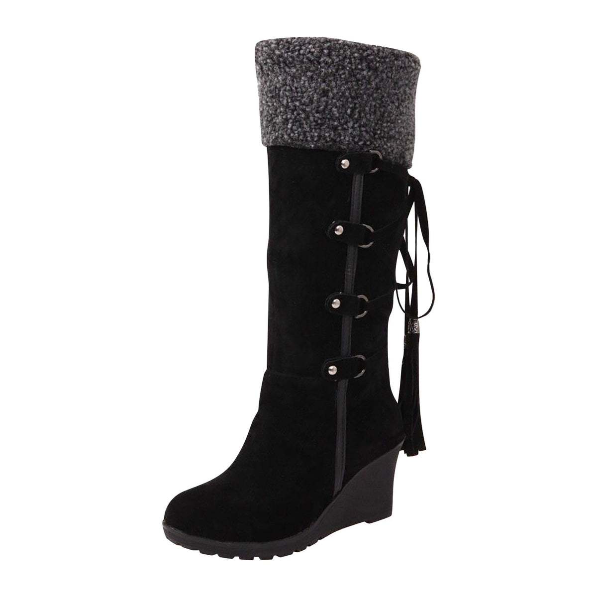 Women's Fashion Suede Wedge Boots Winter Warm Knee High Boots Buckle Tassel Side Zipper Booties Brown 35