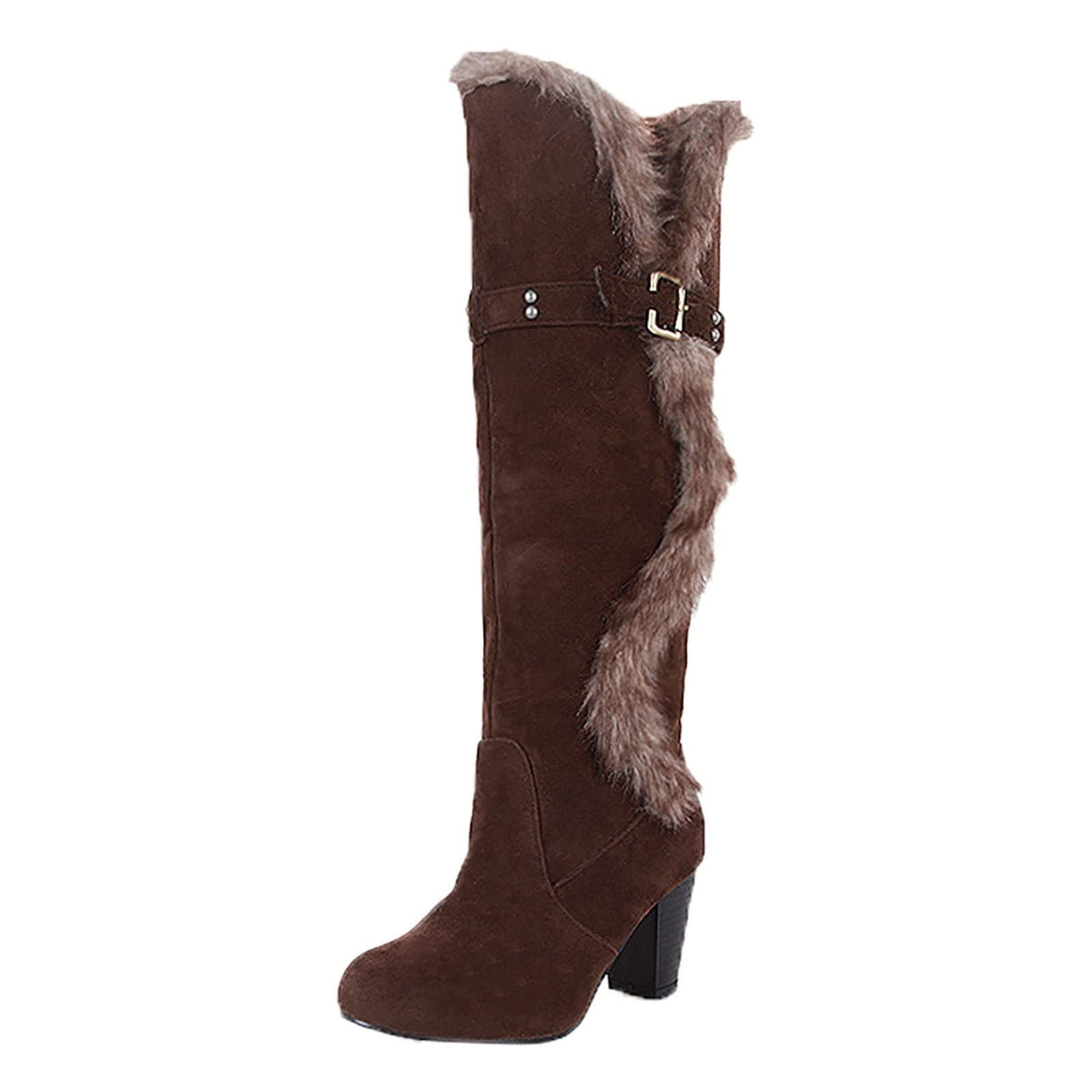 hopeusnice Women's Knee High Boots Fuzzy Fleece Lined Buckle Winter Warm Suede Boots Chunky Heel Comfortable Stylish Outdoor Snow Boots Black 36