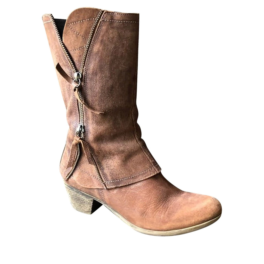 Women's Mid Calf Boots Side Zipper Boots Comfortable Block Heel Ankle Boots Faux Leather Boots Fall Winter Boots Brown 37