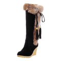 Women's Winter Boots Fuzzy Fleece Lined Wedge Heel Knee High Booties Tassel Buckle Closure Warm Snow Boots Comfortable Fashion Footwear Black 35