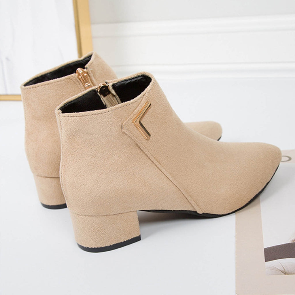 hopeusnice Women's Suede Ankle Boots Low Heel Pointed Toe Zipper Booties Comfortable Block Heel Dress Shoes Fall Winter Footwear Beige 42
