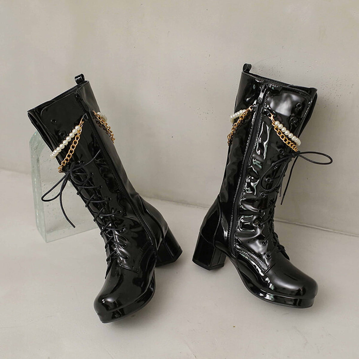 hopeusnice Knee High Boots for Women Mid Calf Boots Chunky Block Heels Buckle Lace Up Boots Stylish Fall Winter Shoes Orange 36