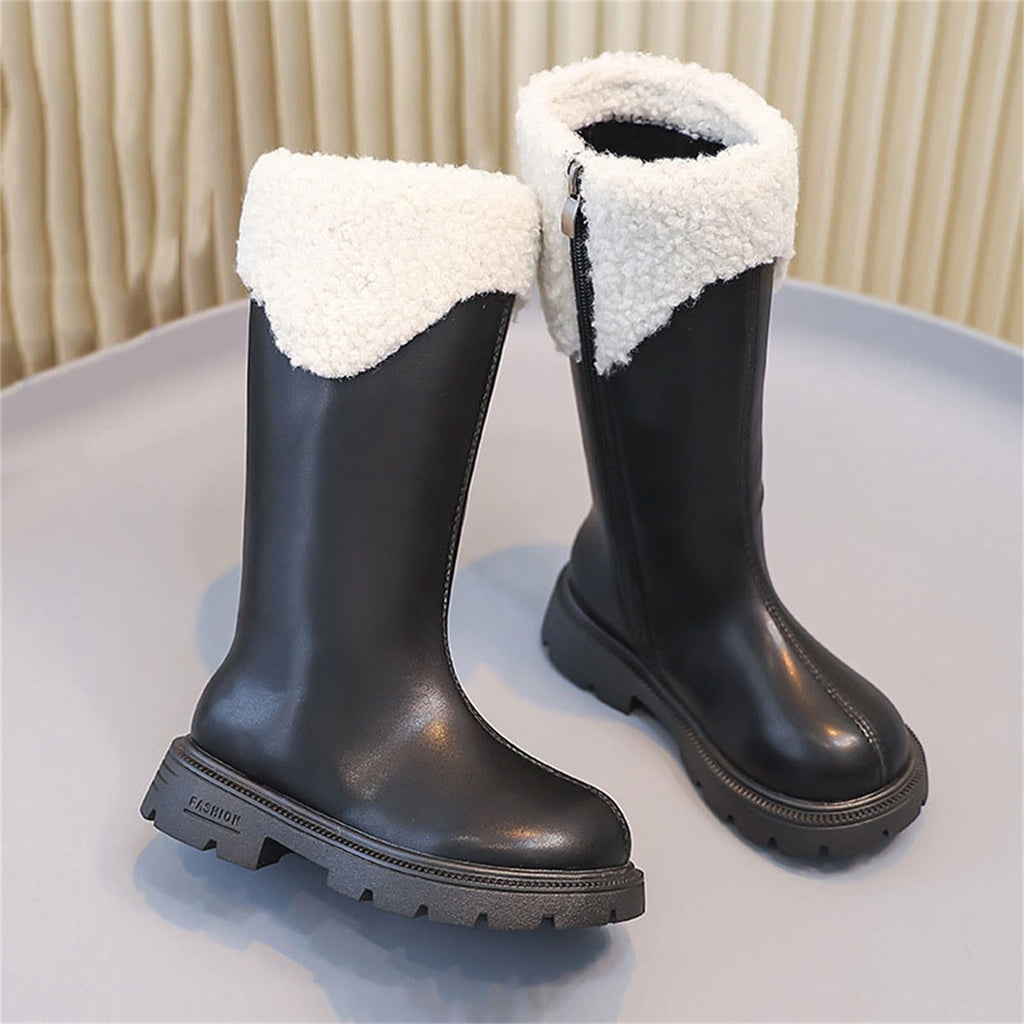 BXJX Girls Mid-Calf Boots, Fleece Lined Side Zipper Fall Winter Thermal Kids Riding Boots Black Size 2 Big Kids