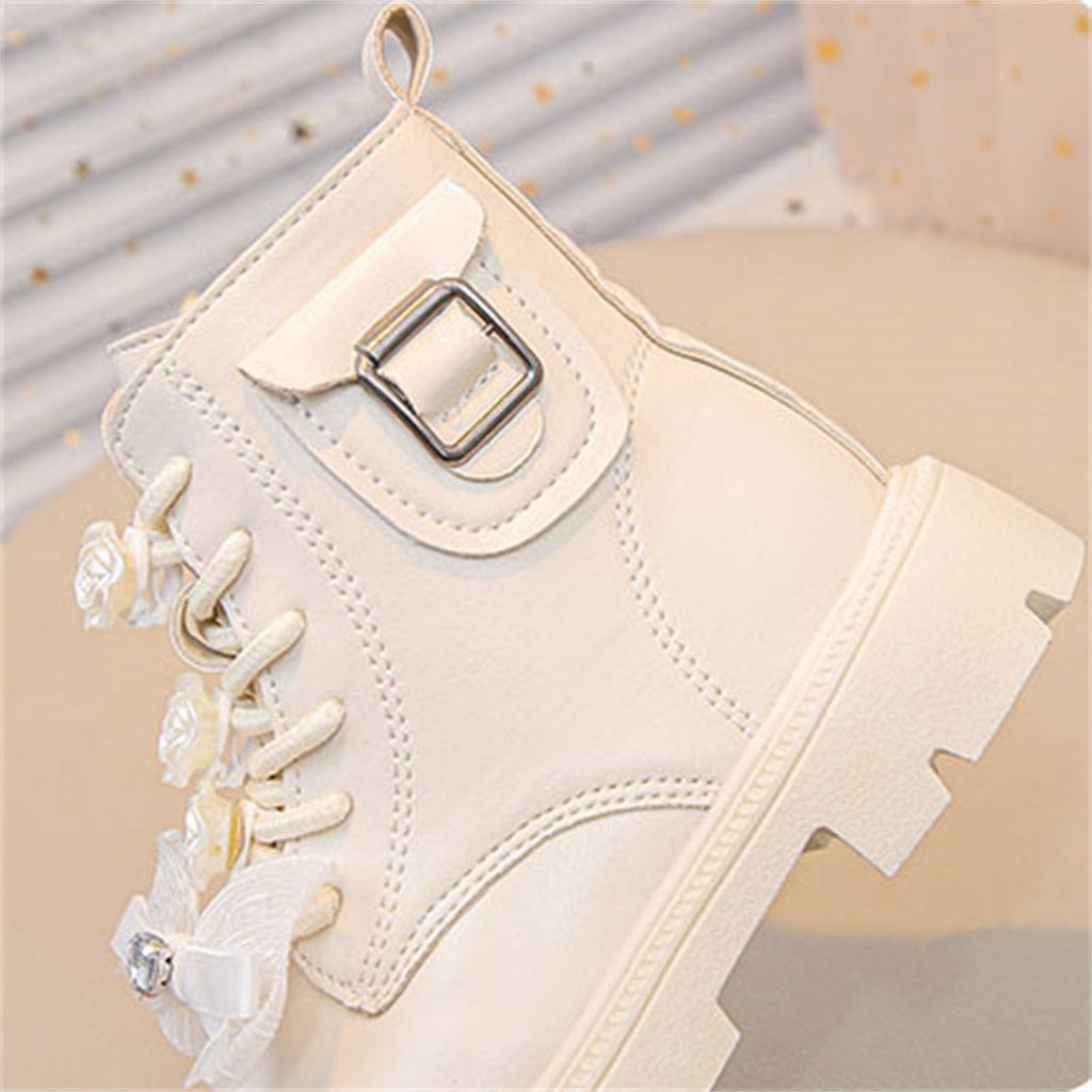 BXJX Girls Ankle Boots with Zipper, Bow Fall Winter Soft Sole Slip-Resistant Lace Up Boots Beige Size 13.5 Little Kids