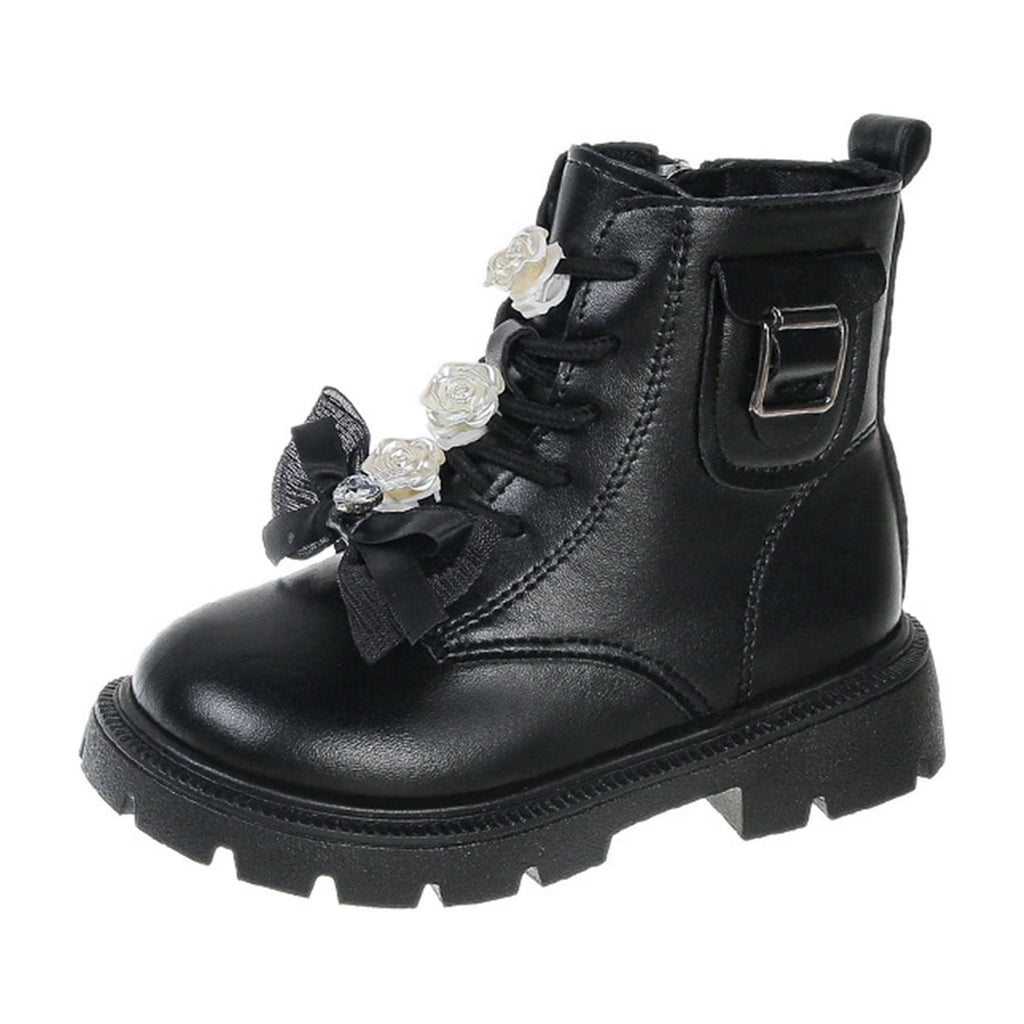 BXJX Girls Ankle Boots with Zipper, Bow Fall Winter Soft Sole Slip-Resistant Lace Up Boots Beige Size 13.5 Little Kids