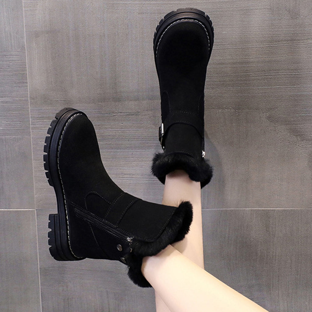 hopeusnice Women's Winter Boots Suede Buckle Ankle Booties Fuzzy Fleece Lined Warm Shoes Snow Boots Black 35