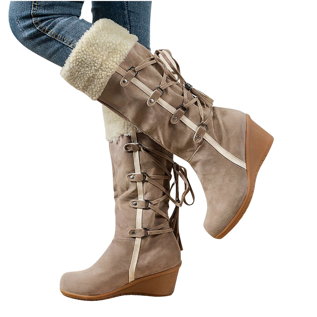 Women's Fashion Suede Wedge Boots Winter Warm Knee High Boots Buckle Tassel Side Zipper Booties Brown 35