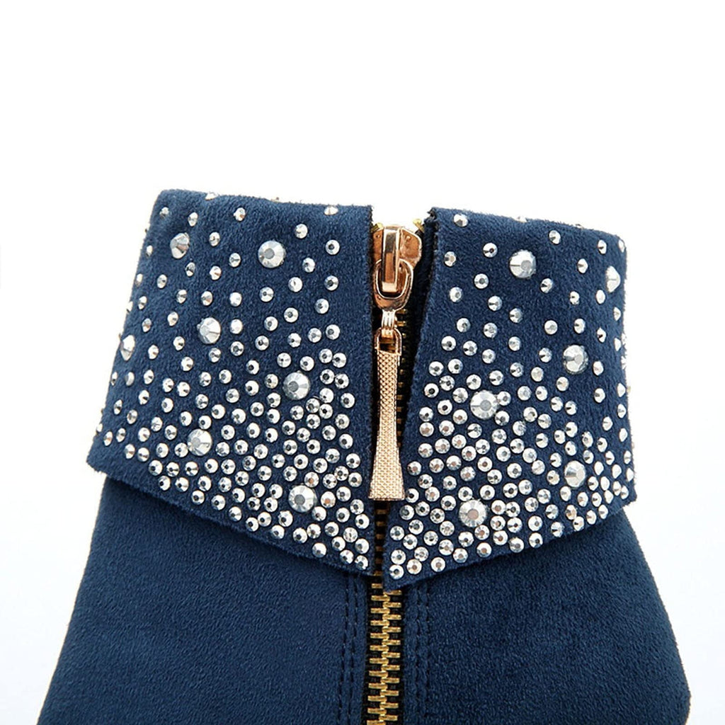 hopeusnice Women's Rhinestone Ankle Boots Zipper Suede Block Heel Booties Comfortable Dressy Winter Warm Shoes Black 36