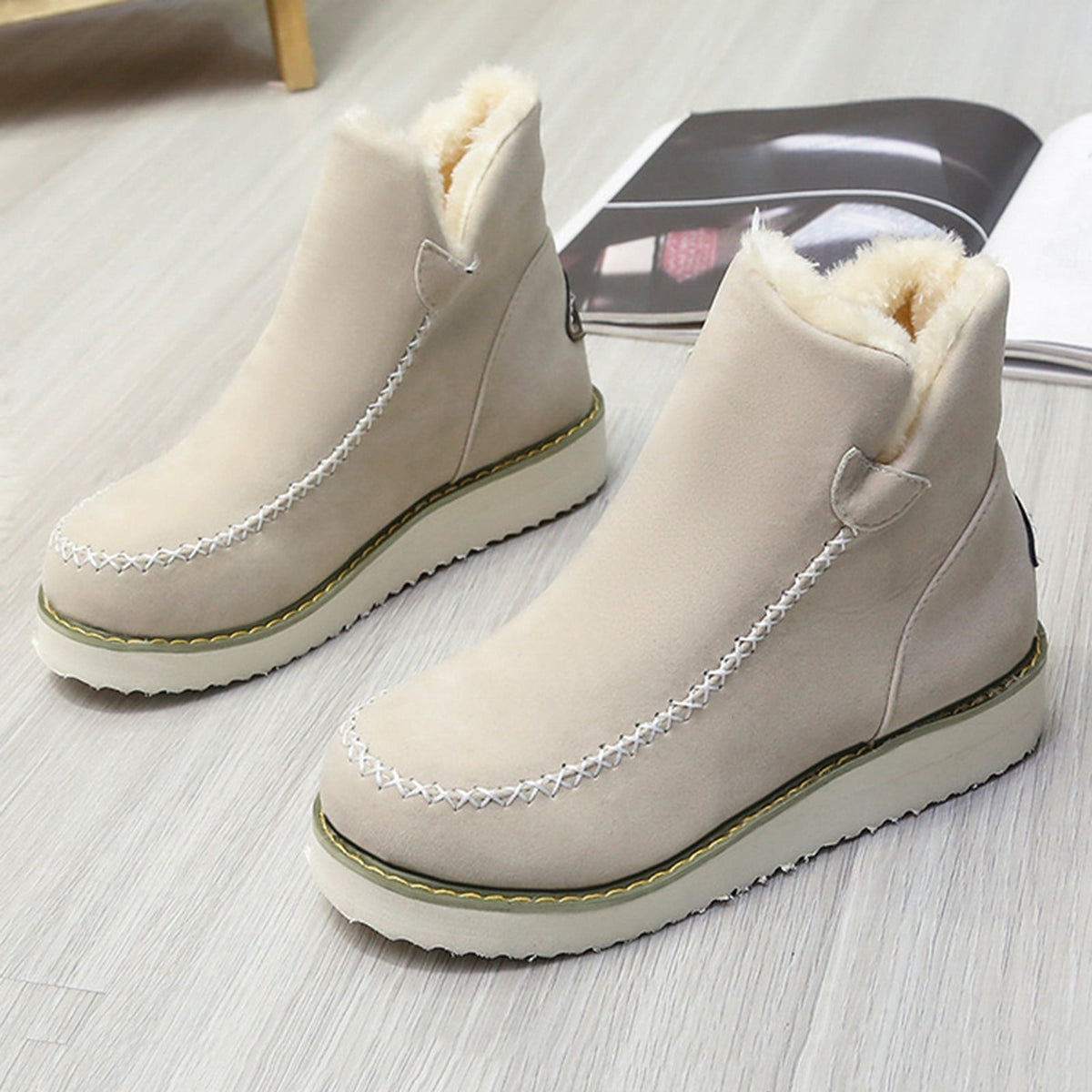 hopeusnice Women's Winter Boots Fuzzy Fleece Lined Ankle Booties Warm Plush Snow Boots Suede Chunky Heel Comfortable Warm Mid Calf Boots Brown 42