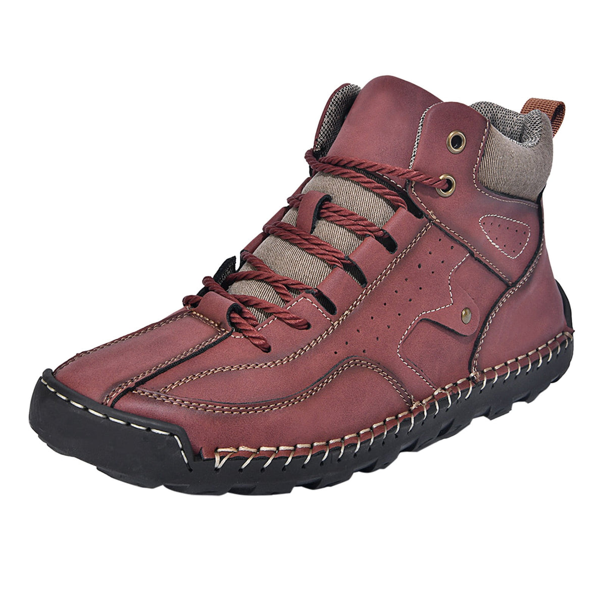 RotHome Men's Casual Outdoor Chukka Boots Hand-Stitched Leather High Top Walking Shoes with Non-Slip Rubber Sole for Daily Work and Travel, Wine, Size 6