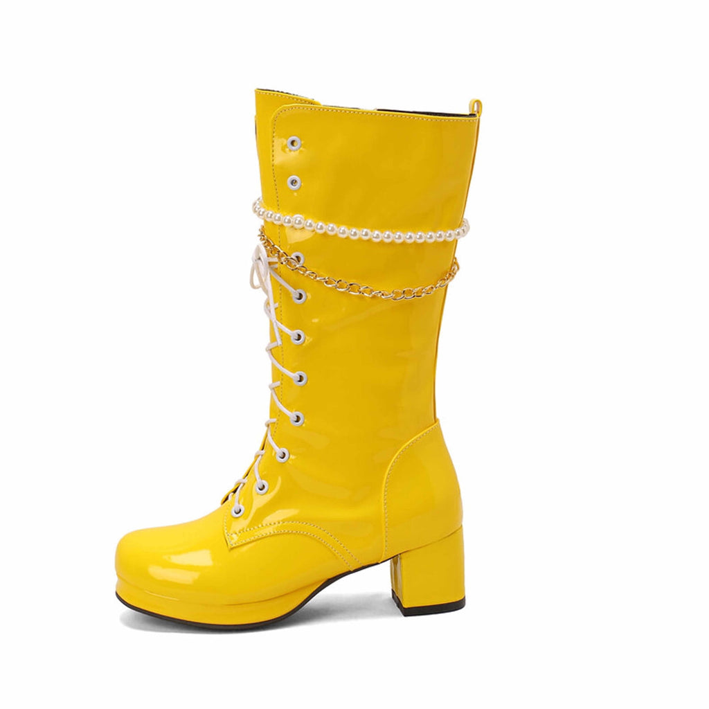 hopeusnice Knee High Boots for Women Mid Calf Boots Chunky Block Heels Buckle Lace Up Boots Stylish Fall Winter Shoes Orange 36
