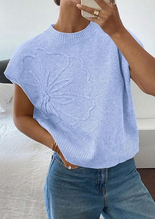 PRETTYGARDEN Women's Spring Sweater Vest Trendy Flower Knit Short Sleeve Cute Pullover Tank Tops Summer Fashion Clothing