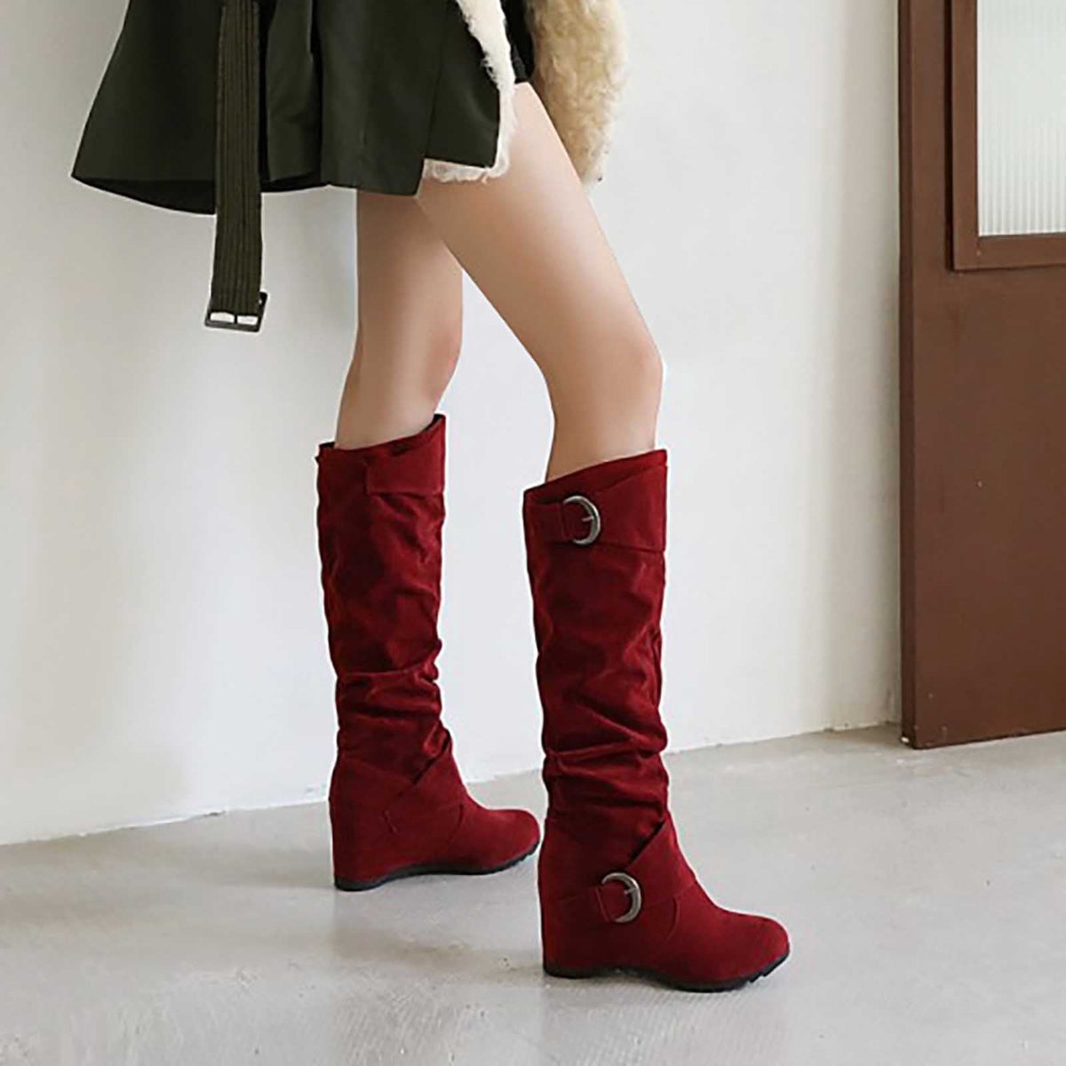 hopeusnice Women's Over The Knee Boots Suede Buckle Wedge Heel Winter Warm Boots Fashion Slouchy Boots Knee High Boots Brown 35