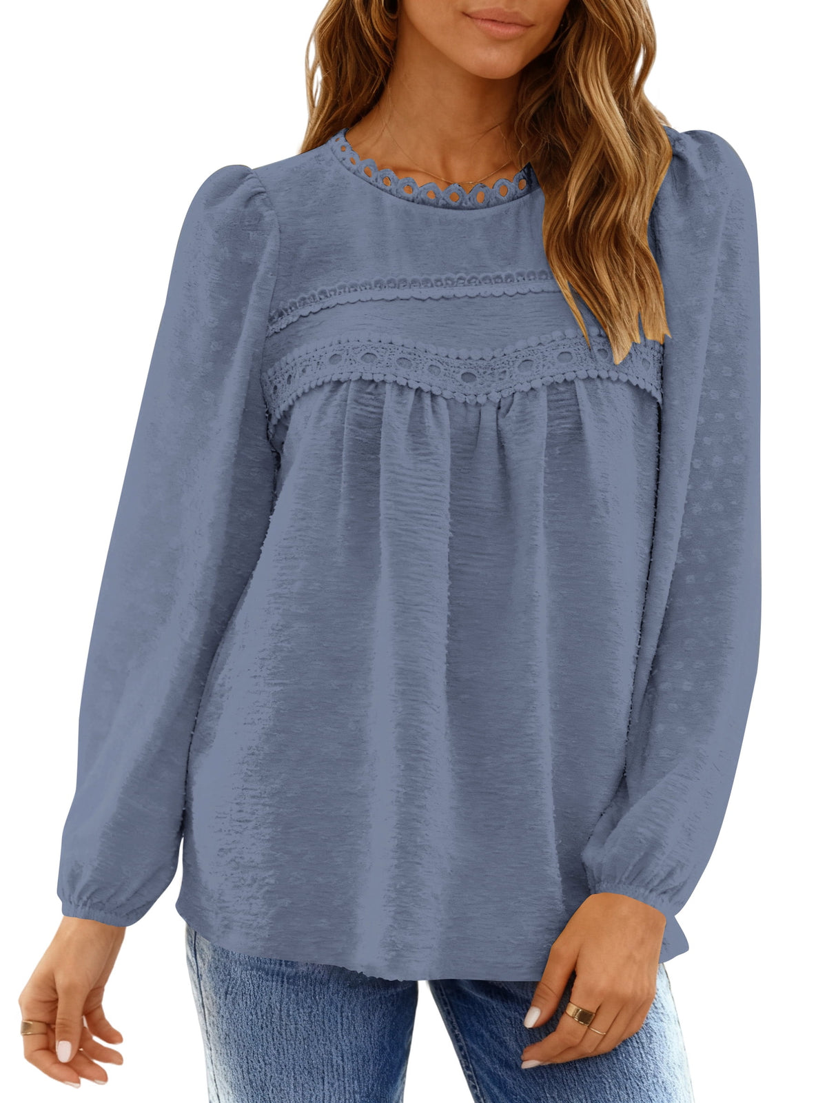 UVN Fall Shirts for Women Long Sleeve Blouses Ladies Crewneck Lace Crochet Tops Dressy Chiffon Blouses