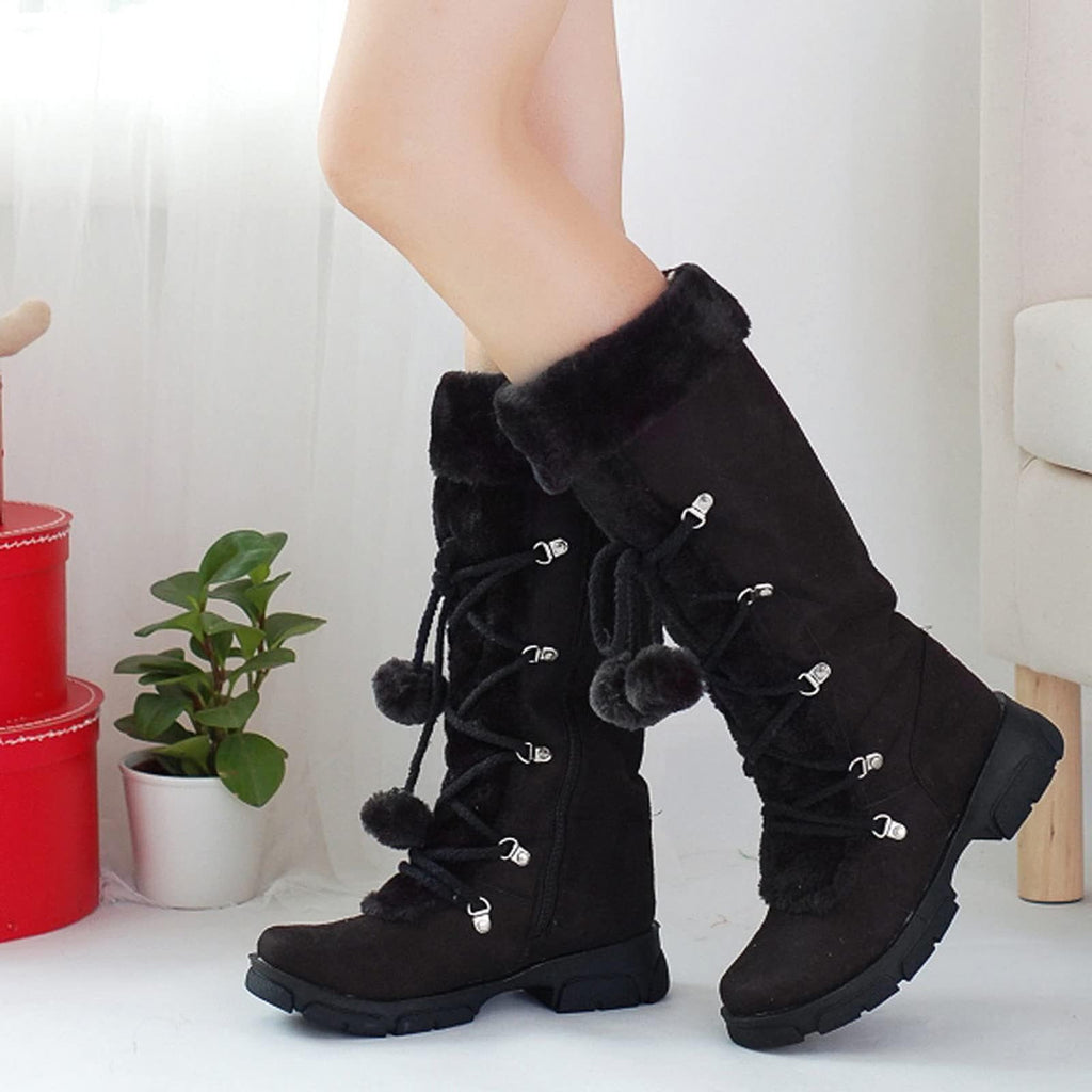 hopeusnice Women's Winter Boots Fuzzy Fleece Lined Knee High Snow Boots Warm Plush Lace Up Outdoor Ankle Boots Beige 36
