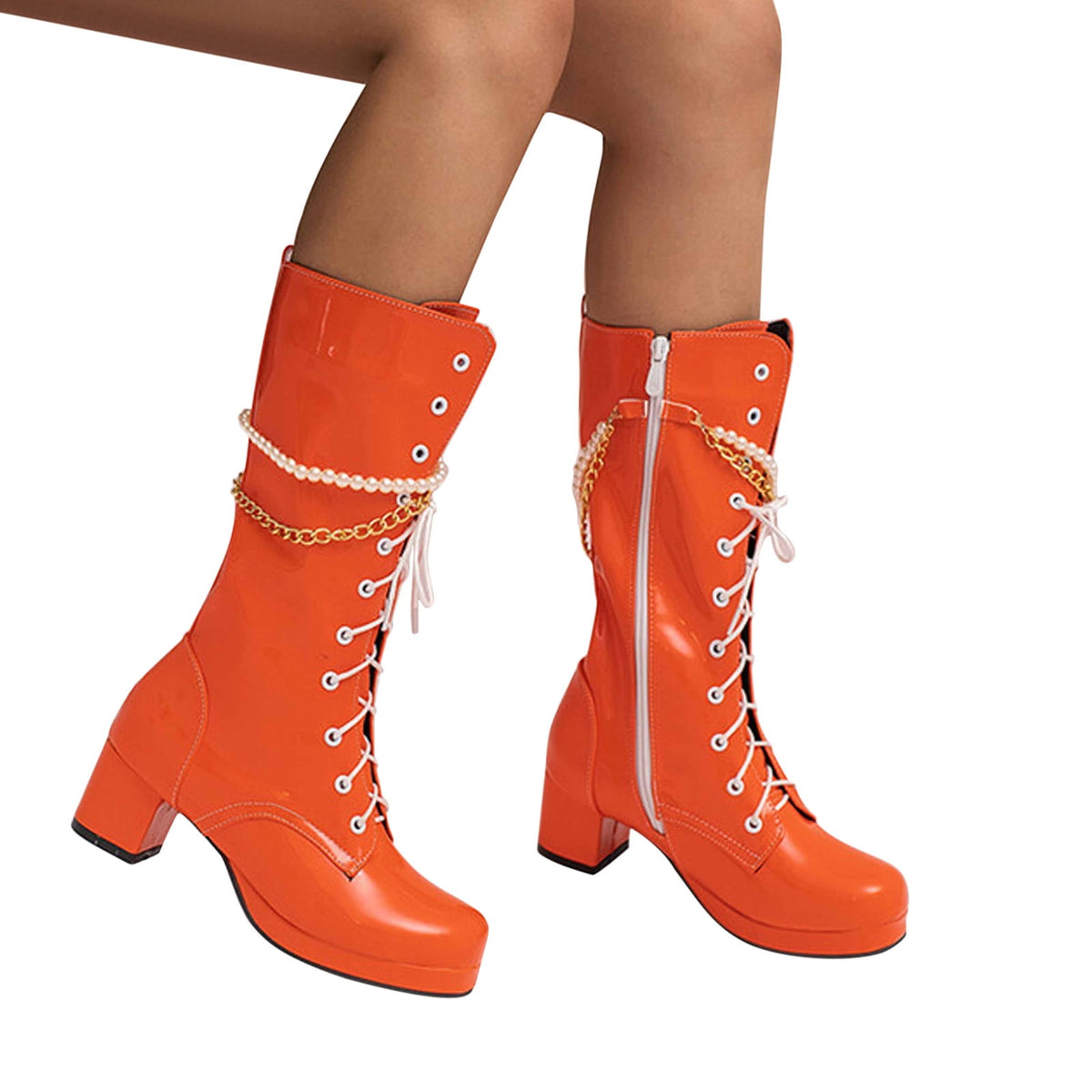 hopeusnice Knee High Boots for Women Mid Calf Boots Chunky Block Heels Buckle Lace Up Boots Stylish Fall Winter Shoes Orange 36