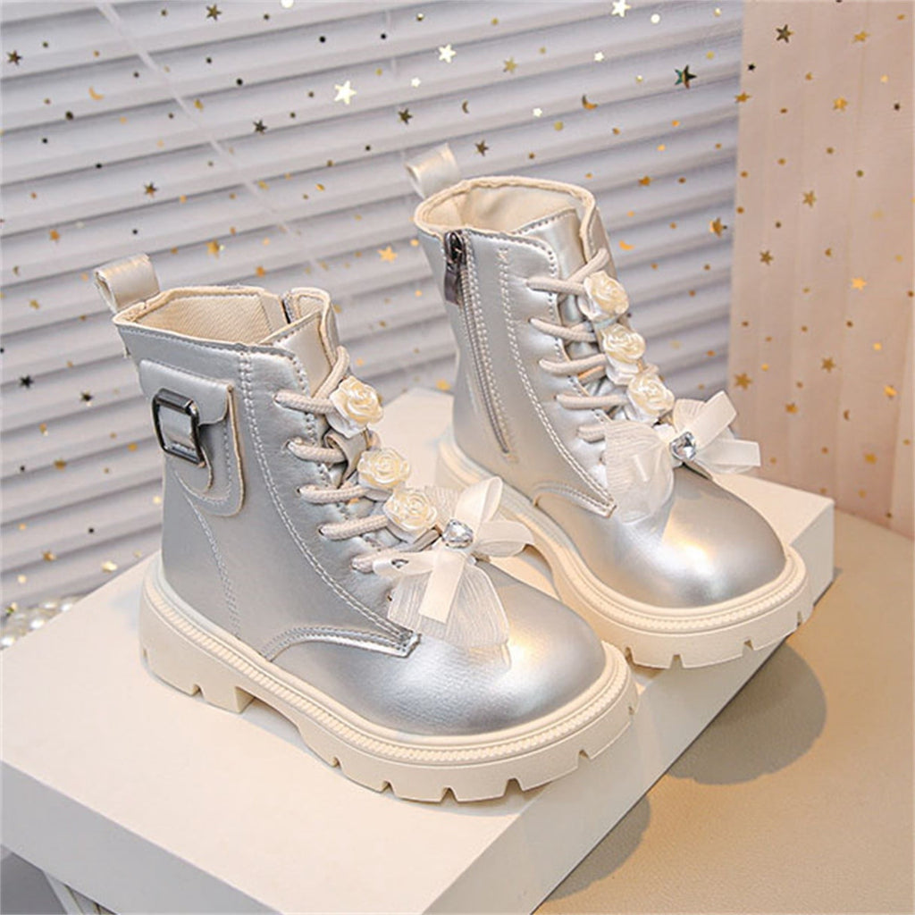 BXJX Girls Ankle Boots with Zipper, Bow Fall Winter Soft Sole Slip-Resistant Lace Up Boots Beige Size 13.5 Little Kids