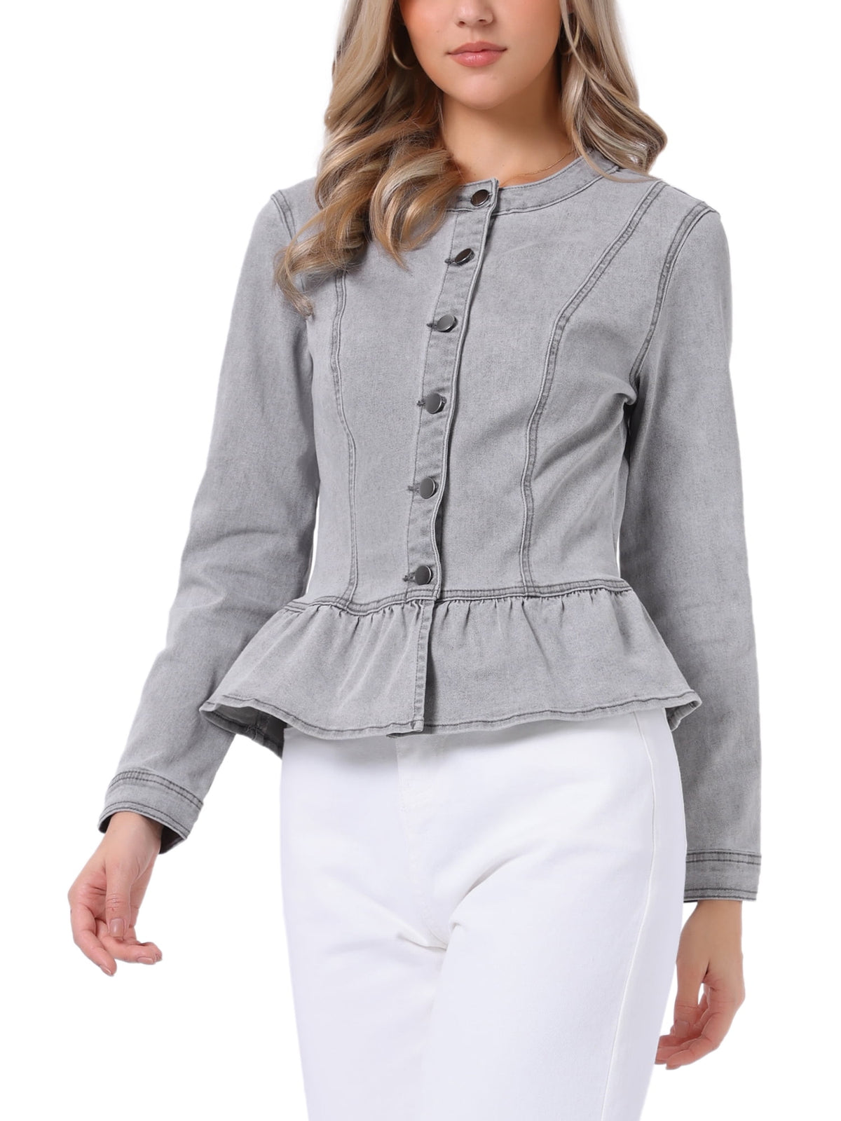 INSPIRE CHIC Women's Denim Jackets Button Down Peplum Hem Long Sleeves Cropped Jean Jackets White L
