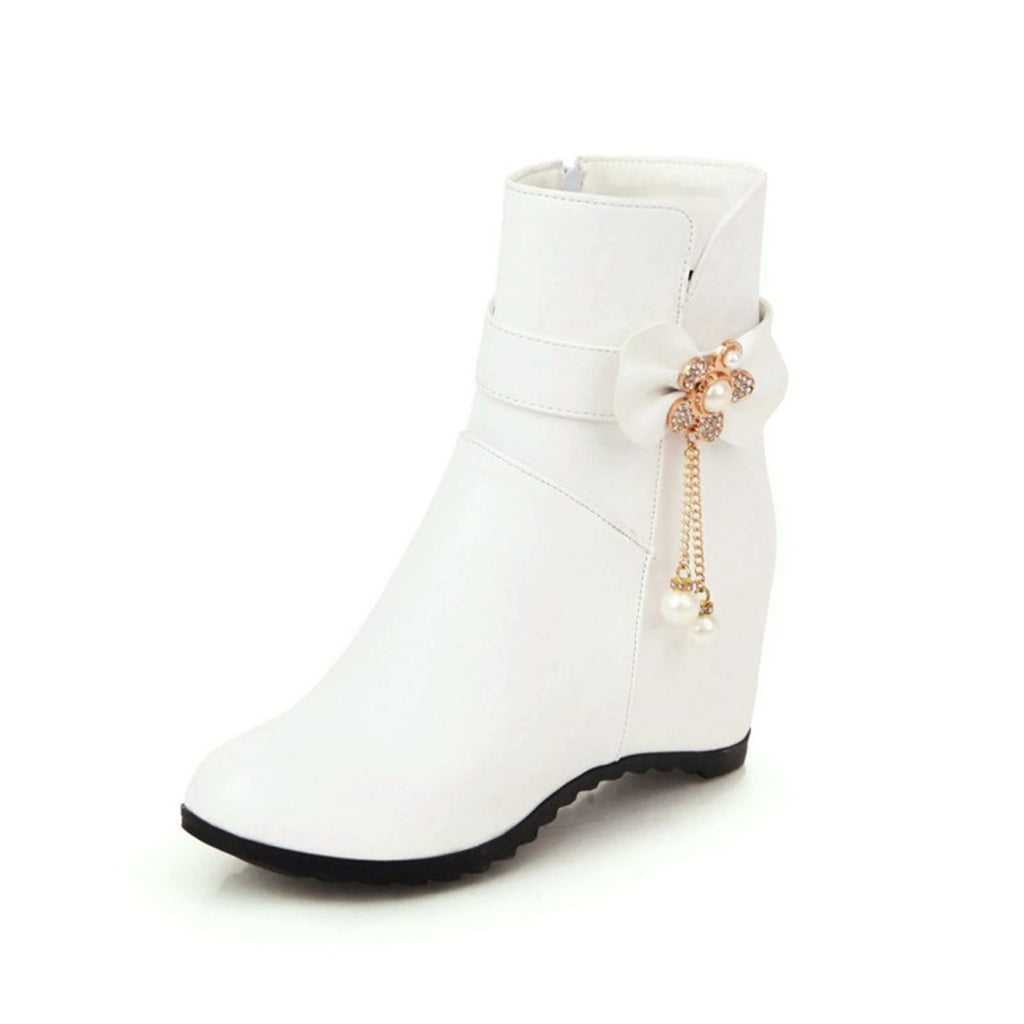 Women's Ankle Boots Wedge Heel Zipper Closure Bowknot Decor Faux Leather Booties Short Boots Comfortable Wedge Heel Shoes Pink 40