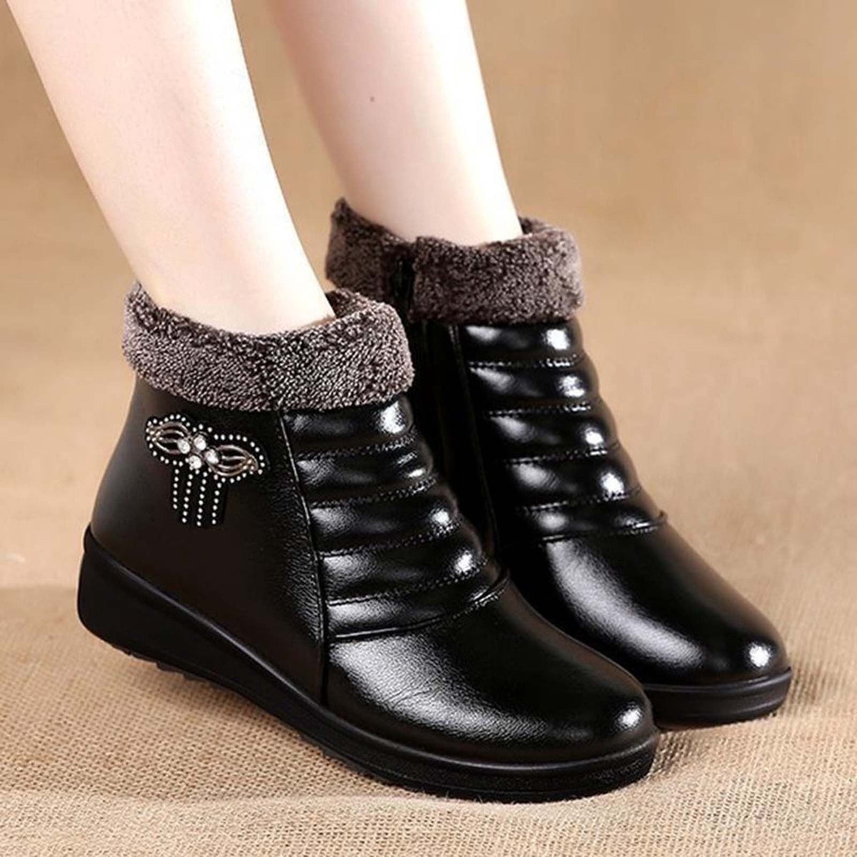 hopeusnice Women's Winter Boots Fuzzy Fleece Lined Warm Ankle Booties Slip On Plush Comfortable Non Slip Wedge Heel Shoes Wine 37