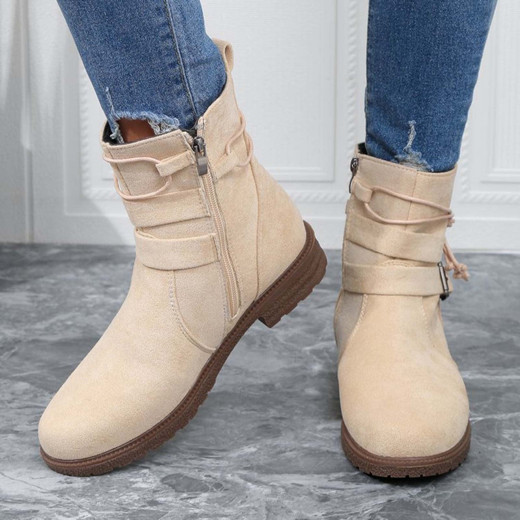 hopeusnice Women's Ankle Boots Suede Buckle Zipper Winter Booties Warm Flat Shoes Comfortable Low Heel Boots Beige 36