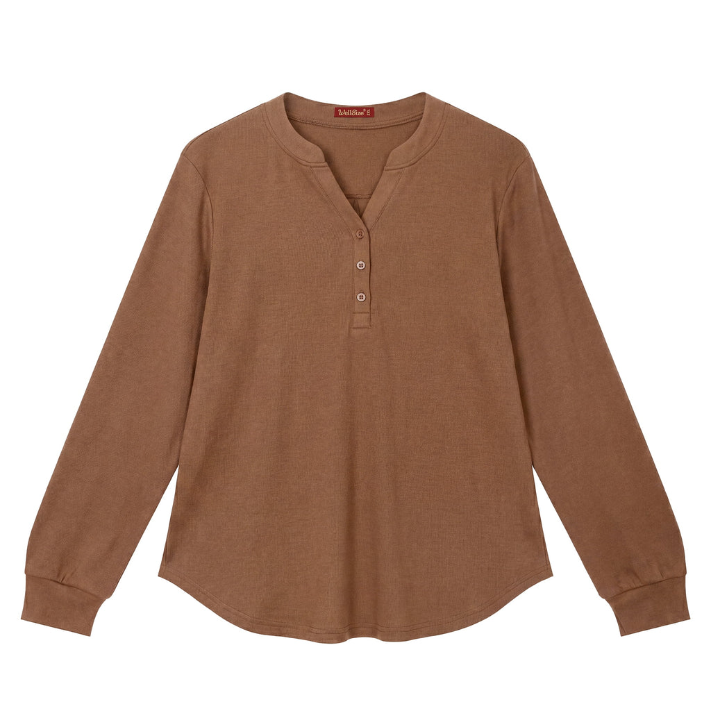 WellSize Plus Size Blouses for Women Henley V Neck Tops Casual Long Sleeve Button Shirts Fall Pullover Outfit