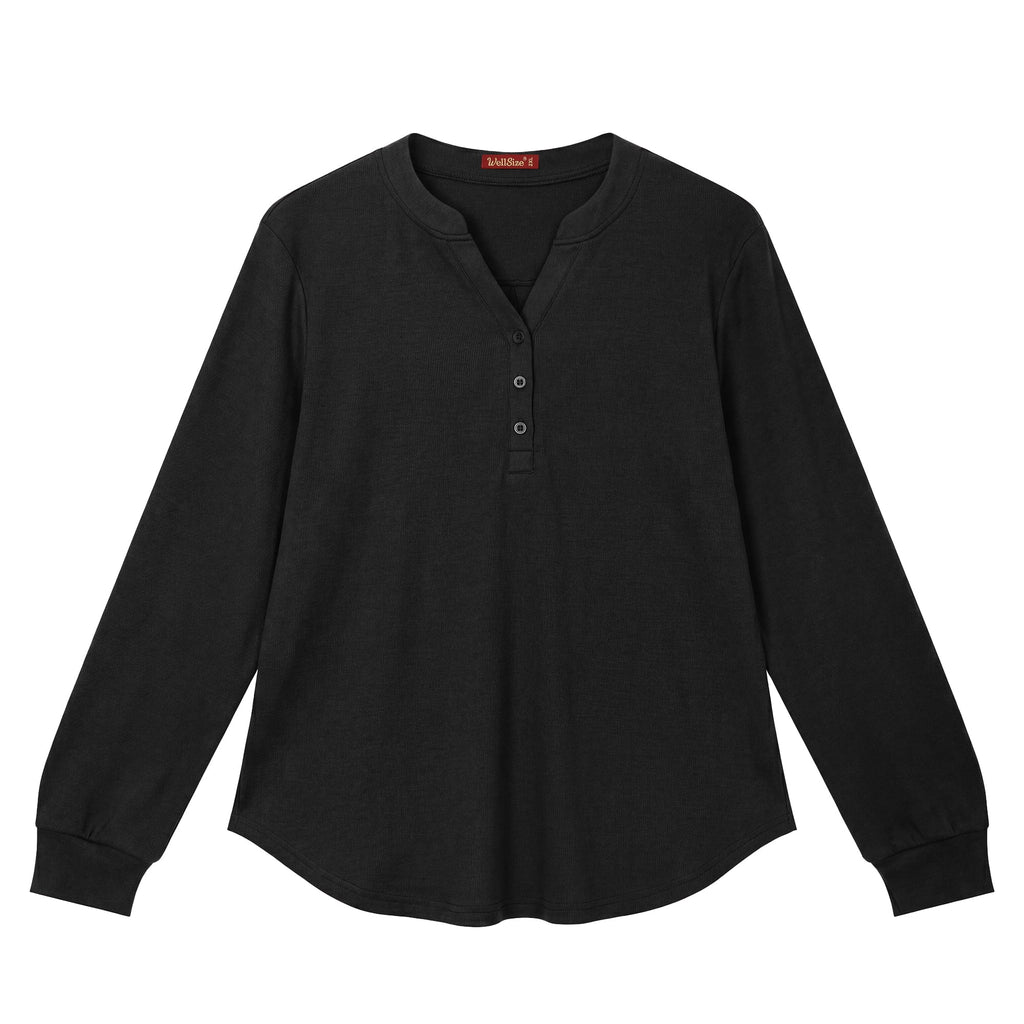 WellSize Plus Size Blouses for Women Henley V Neck Tops Casual Long Sleeve Button Shirts Fall Pullover Outfit