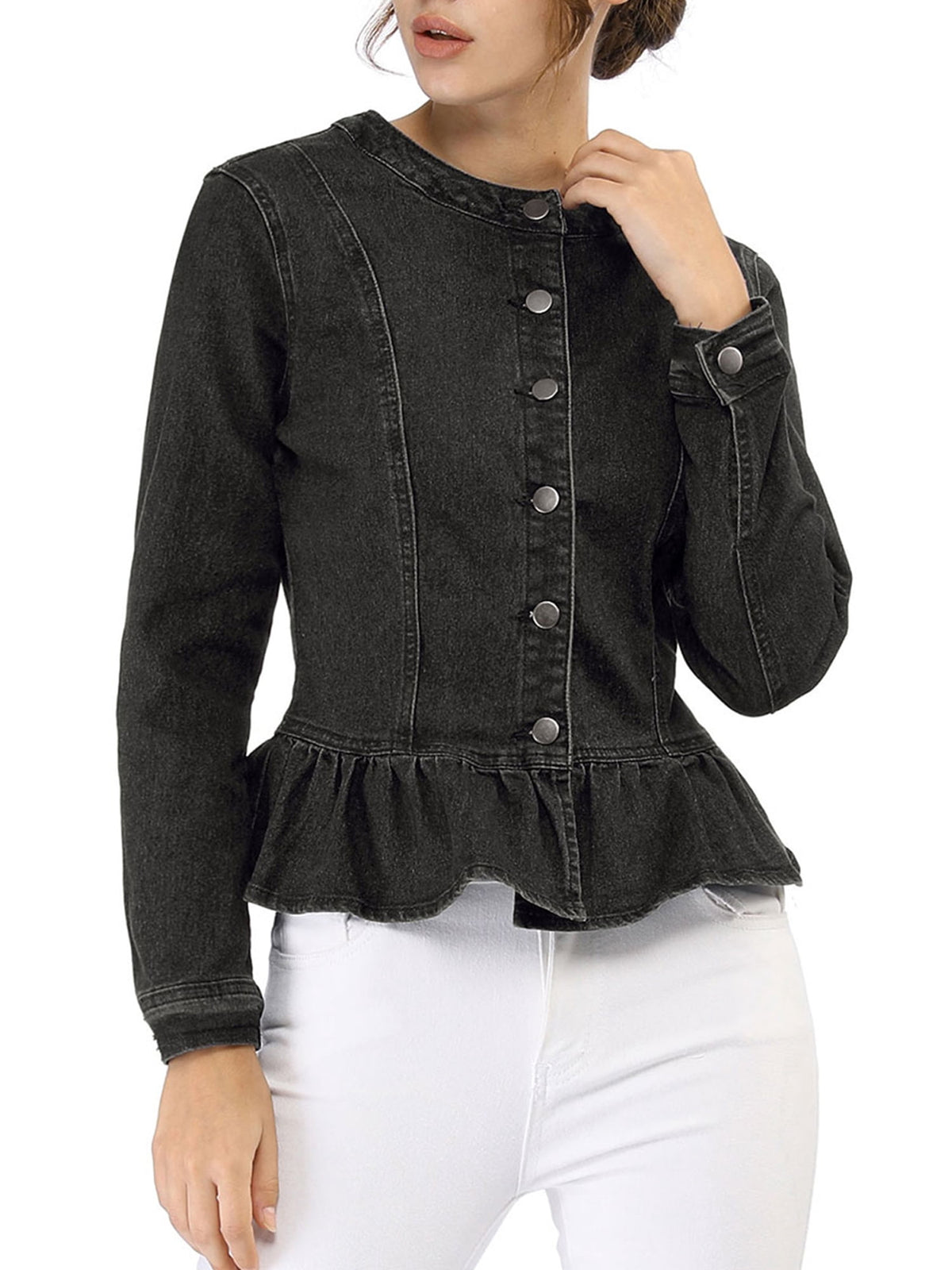 INSPIRE CHIC Women's Denim Jackets Button Down Peplum Hem Long Sleeves Cropped Jean Jackets White L