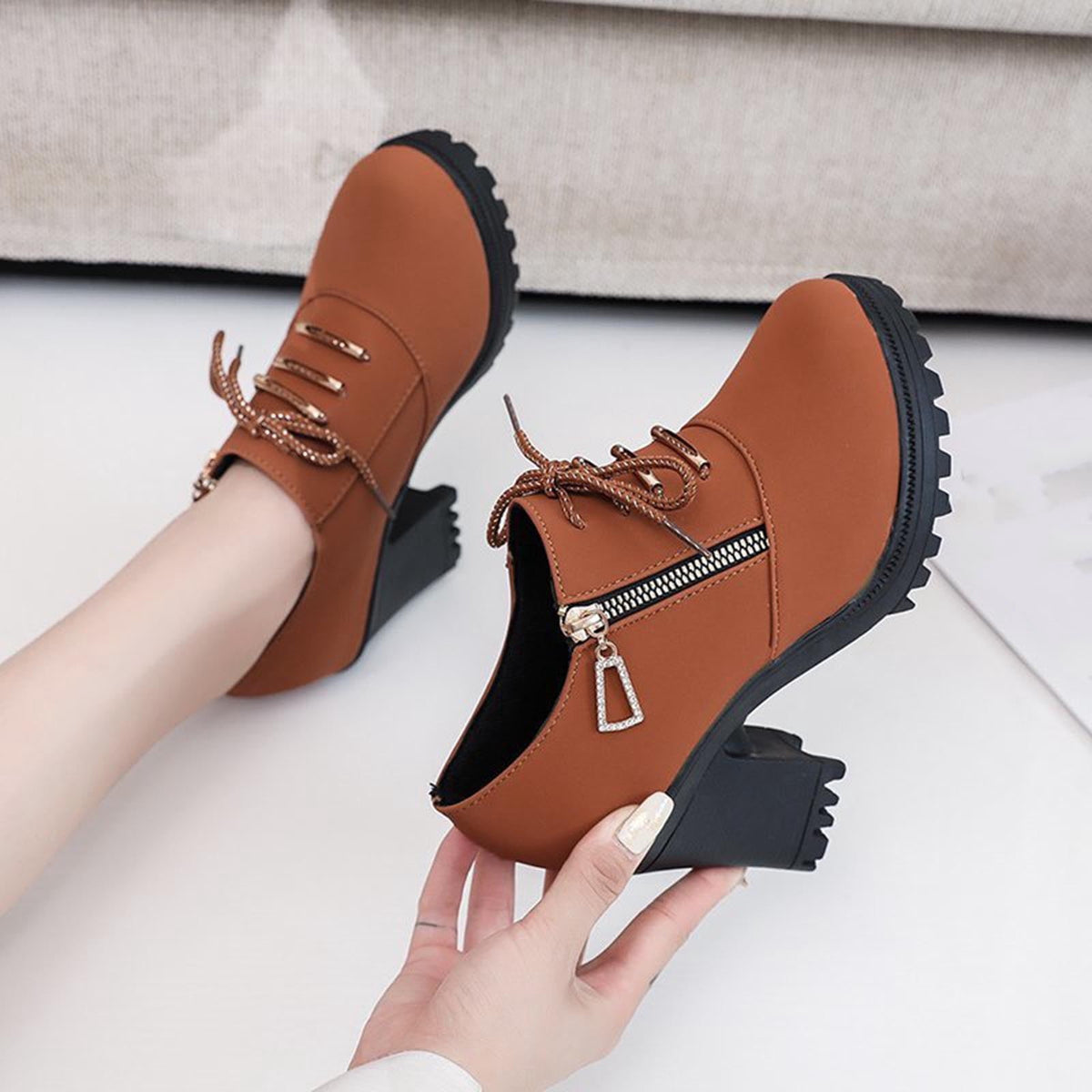 hopeusnice Women's Ankle Boots Lace Up Buckle Zipper Chunky Heel Shoes Comfortable Suede Round Toe Block Heel Fall Winter Boots Outdoor Black 37