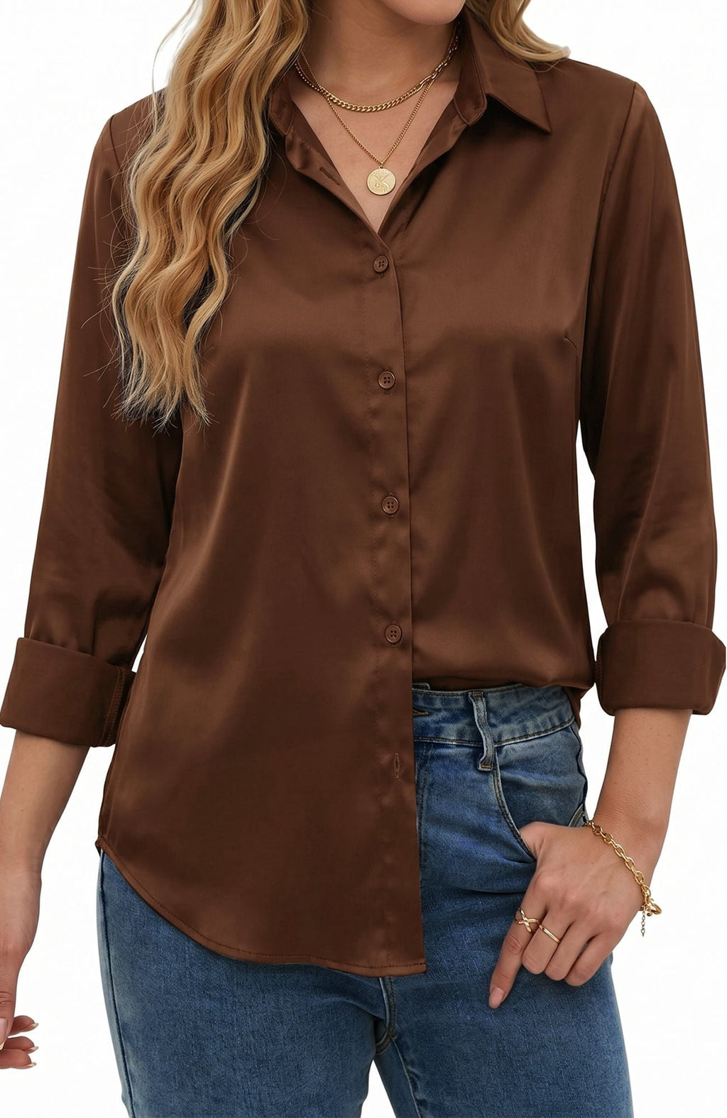 UVN Blouses for Women Long Sleeve Satin Shirts Button Down Ladies Casual Top
