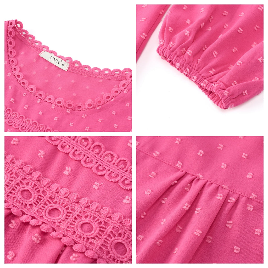 UVN Fall Shirts for Women Long Sleeve Blouses Ladies Crewneck Lace Crochet Tops Dressy Chiffon Blouses