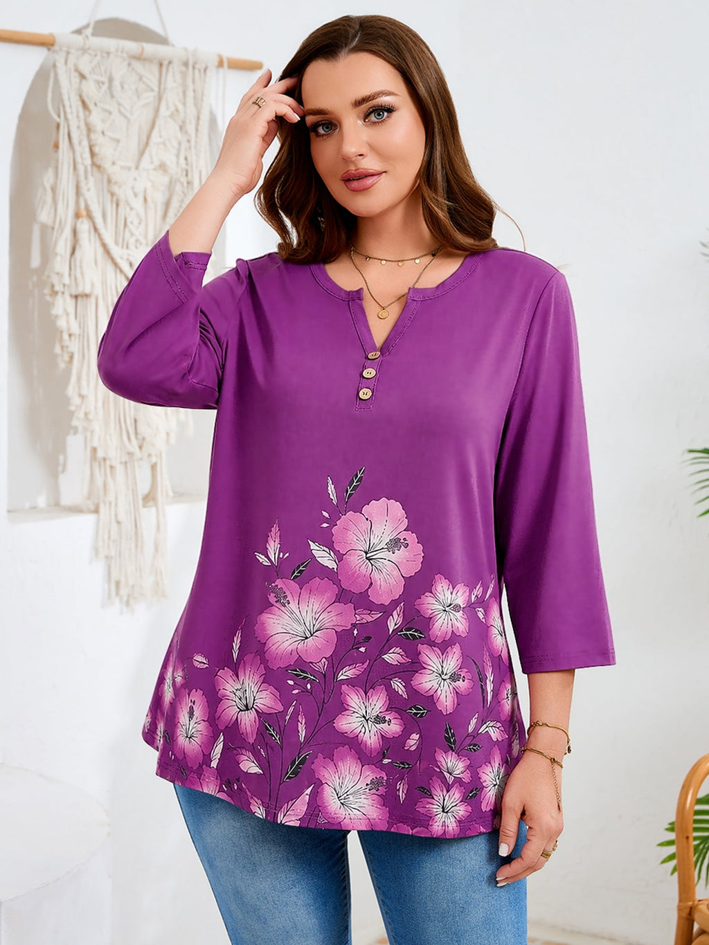 SHOWMALL Plus Size Tops for Women, 3/4 Sleeve Button V Neck Casual Tunic Blouse, Green, Size 4X