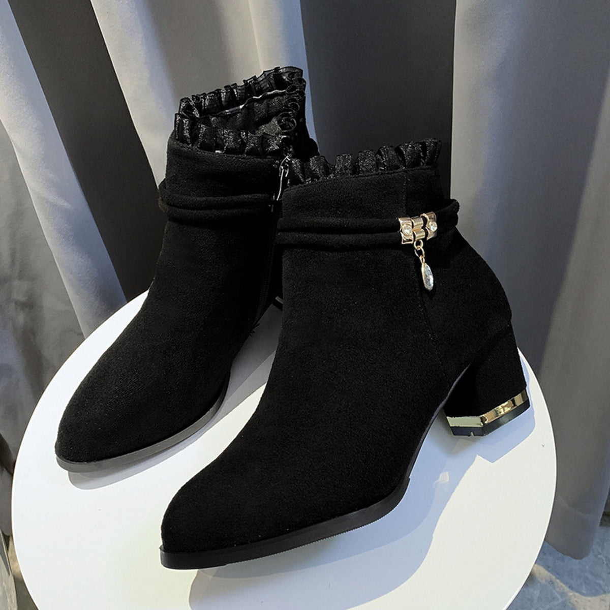 hopeusnice Women's Ankle Boots Chunky Block Low Heel Vintage Tie Knot Booties Shoes with Side Zipper Fashion Comfortable Fall Winter Shoes Black 37