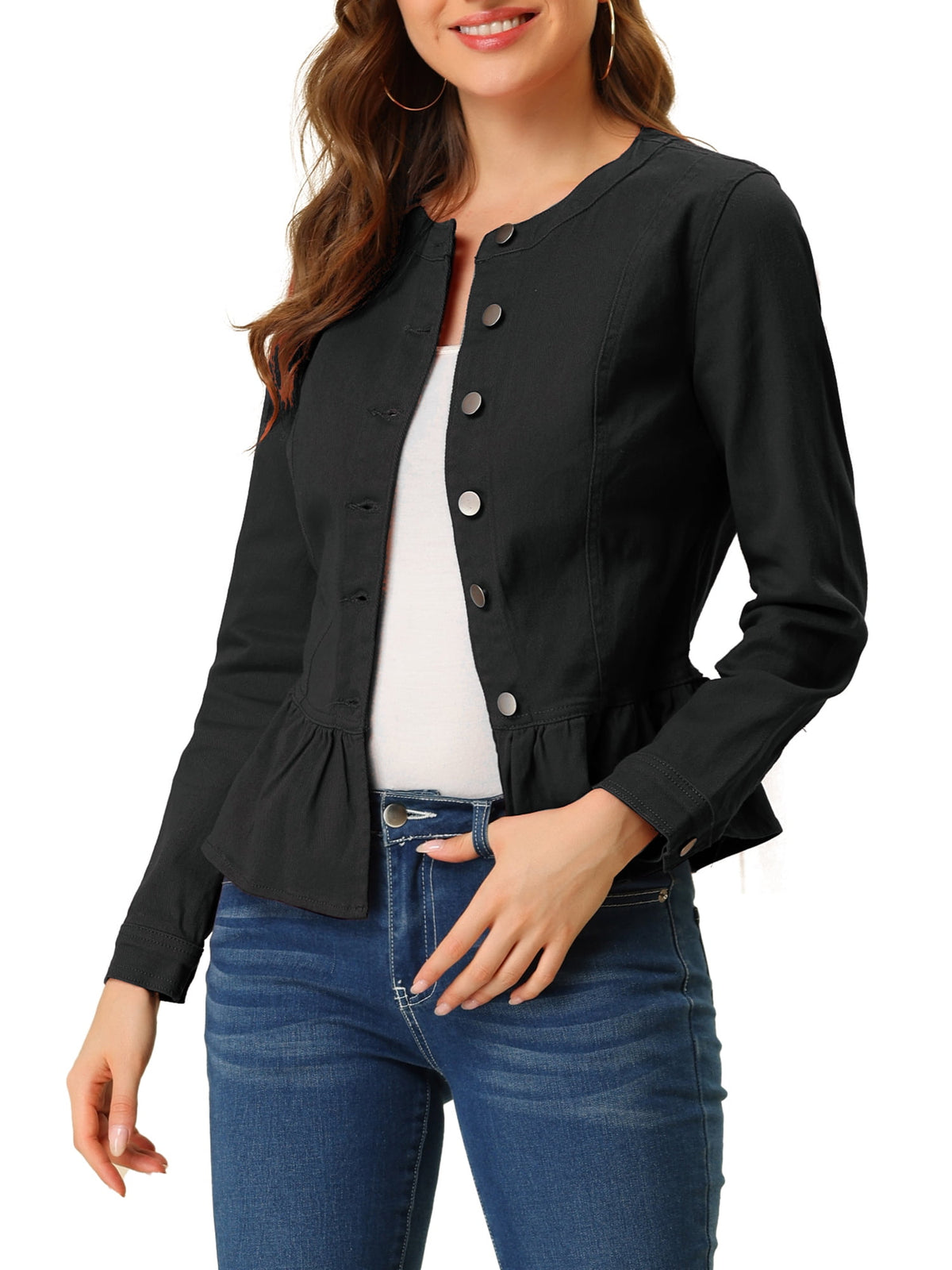 INSPIRE CHIC Women's Denim Jackets Button Down Peplum Hem Long Sleeves Cropped Jean Jackets White L