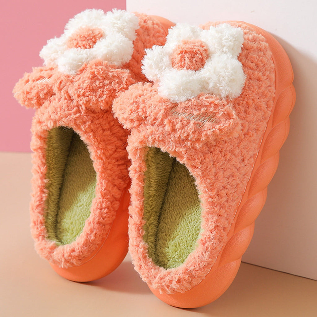 Mepaouo Women's Slippers Warm Plush Flowers Indoor Non Slip Winter House Shoes Slippers(Orange,5.5)