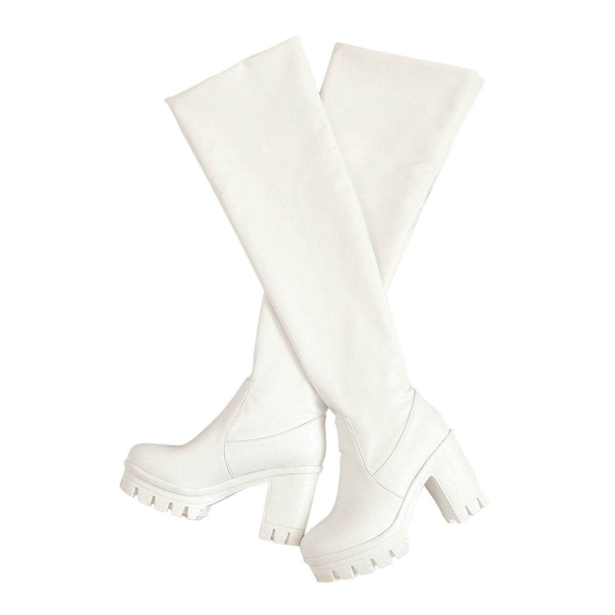 hopeusnice Women's Over The Knee Boots Chunky Heel Boots Faux Leather Thigh High Boots Winter Boots White 36