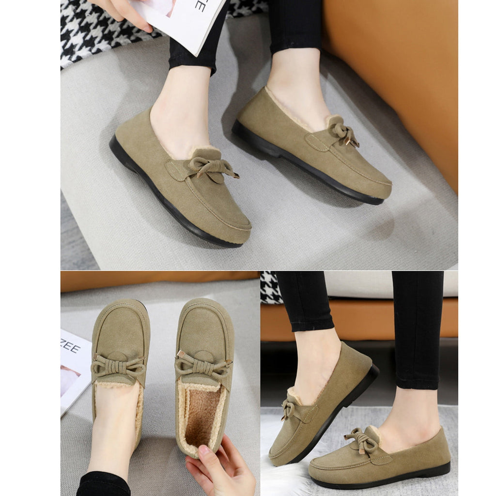 hopeusnice Women's Winter Fuzzy Fleece Lined Snow Boots Slip On Flat Shoes Warm Plush Bowknot Cozy Indoor Outdoor Flats Green 37