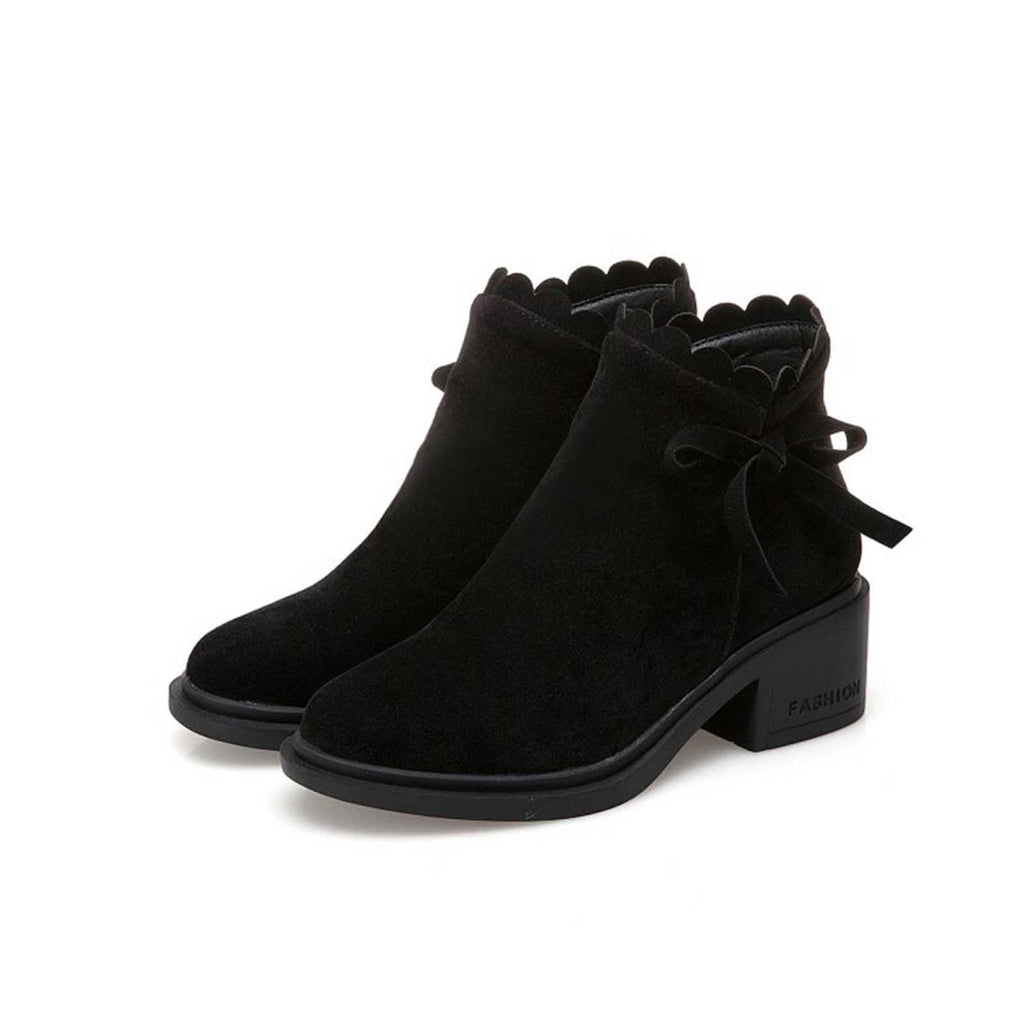 hopeusnice Women's Ankle Boots Suede Bowknot Block Heel Booties Round Toe Zipper Back Short Boots Winter Warm Comfortable Shoes Red 35