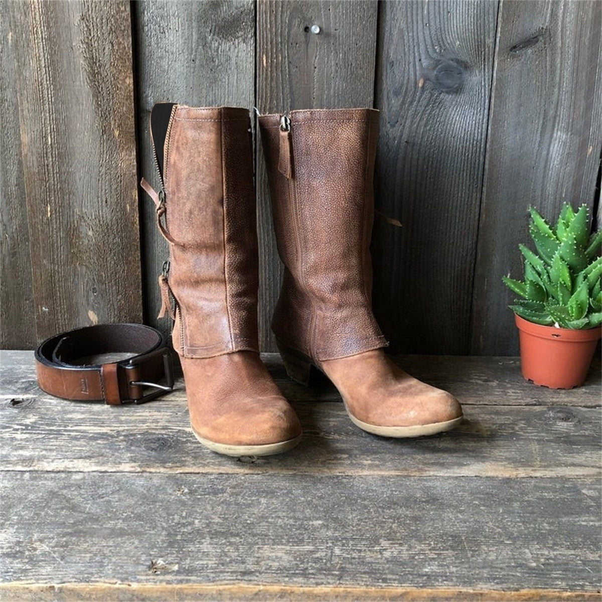 Women's Mid Calf Boots Side Zipper Boots Comfortable Block Heel Ankle Boots Faux Leather Boots Fall Winter Boots Brown 37