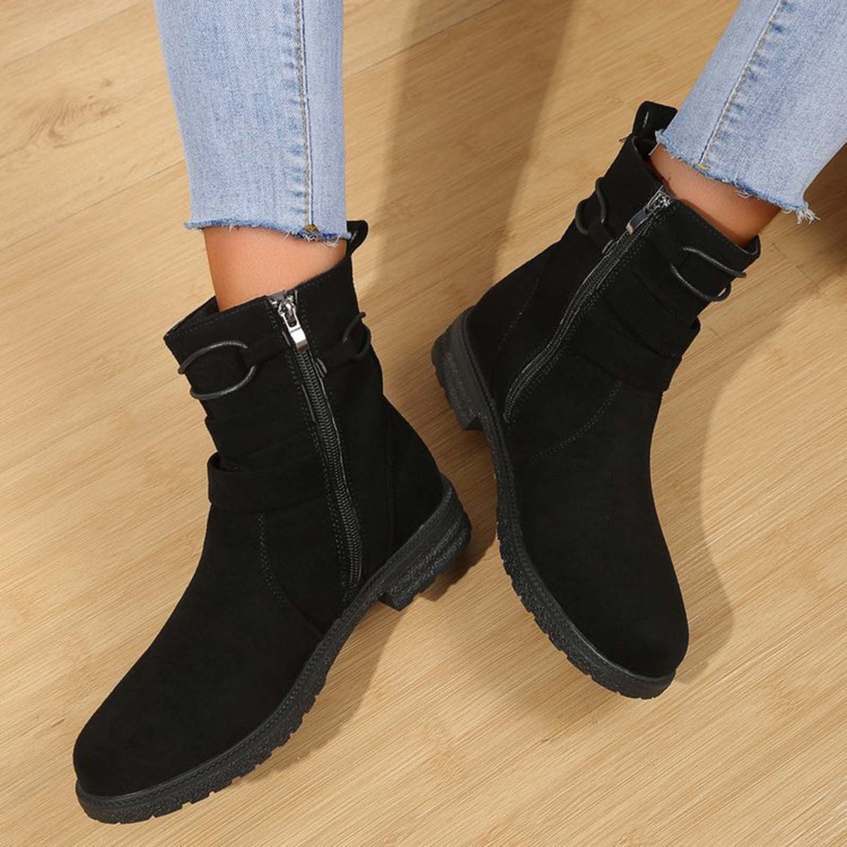 hopeusnice Women's Ankle Boots Suede Buckle Zipper Winter Booties Warm Flat Shoes Comfortable Low Heel Boots Beige 36