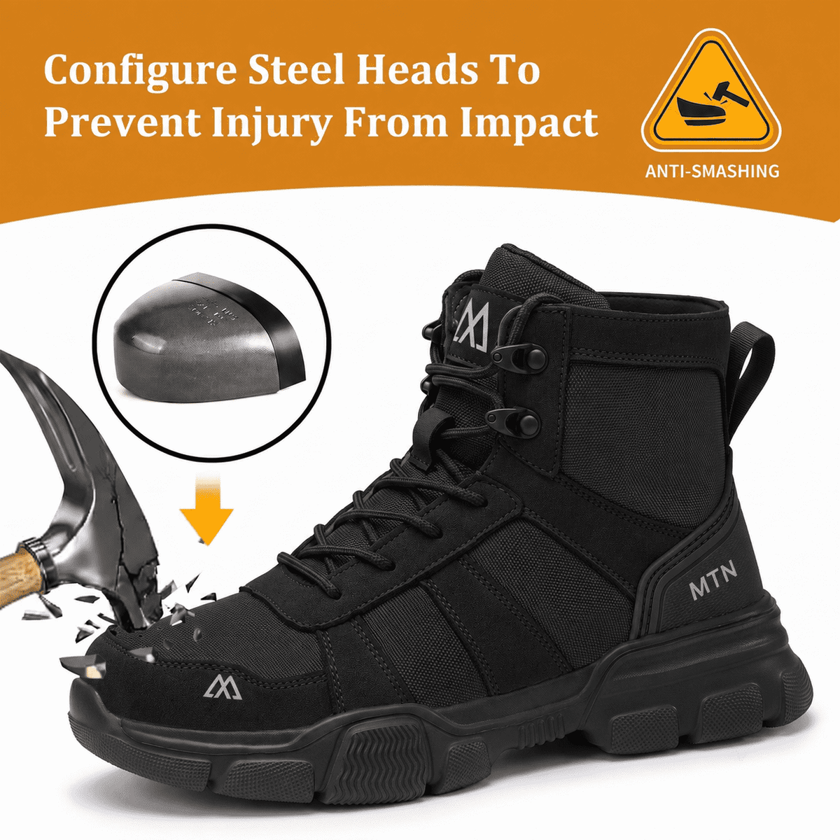XQJ Men's Steel Toe Work Boots, Comfortable Lightweight Industrial Construction Shoes, Durable High Top Safety Boots - Black - Size 6