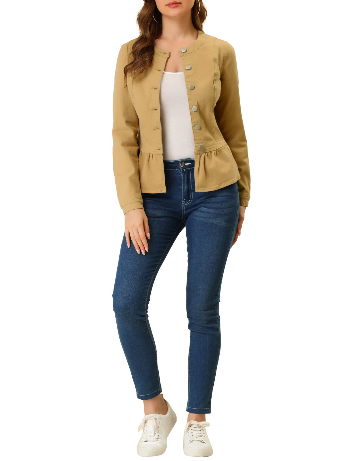 INSPIRE CHIC Women's Denim Jackets Button Down Peplum Hem Long Sleeves Cropped Jean Jackets White L