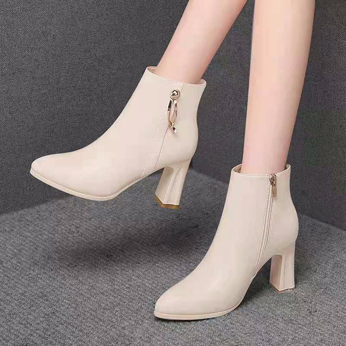 hopeusnice Women's Ankle Boots Pointed Toe Zipper Block Heel Booties Comfortable Leather Shoes Fall Winter Dressy Shoes Black 38