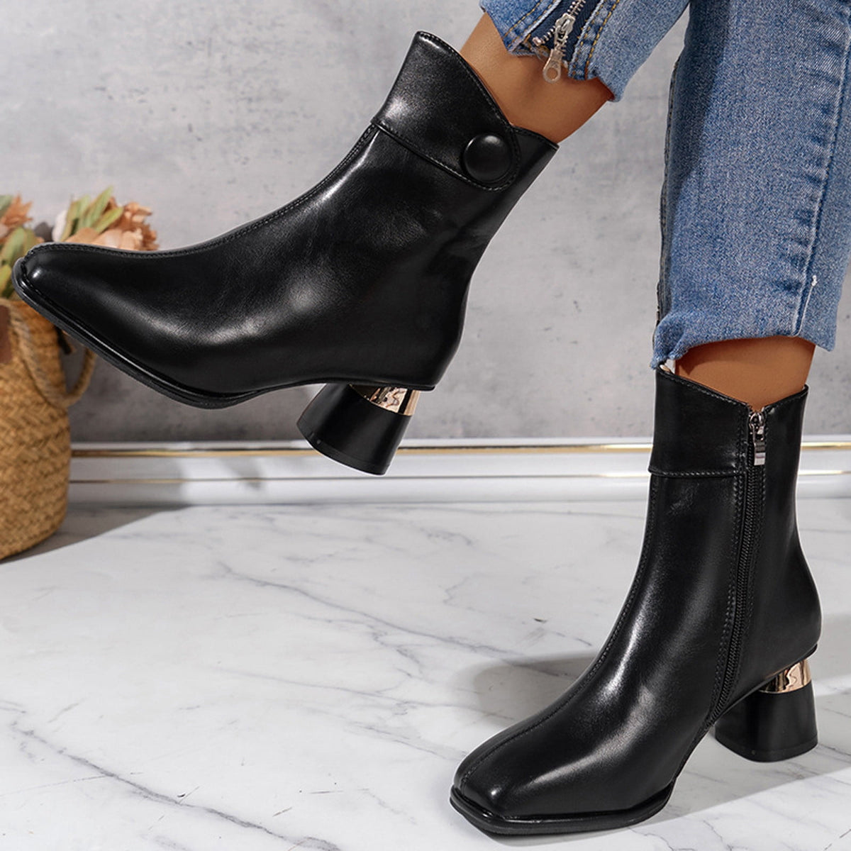 hopeusnice Women's Ankle Boots Square Toe Block Heel Leather Zipper Buckle Chunky Heel Fall Winter Fashion Comfortable Black 42