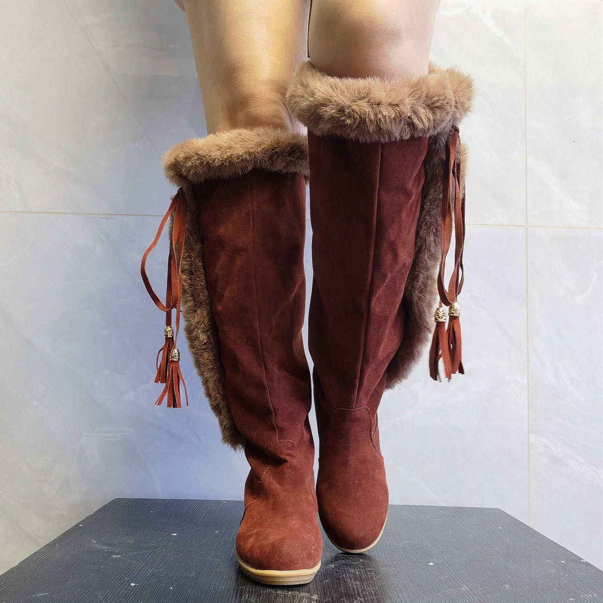 Women's Winter Boots Fuzzy Fleece Lined Wedge Heel Knee High Booties Tassel Buckle Closure Warm Snow Boots Comfortable Fashion Footwear Black 35