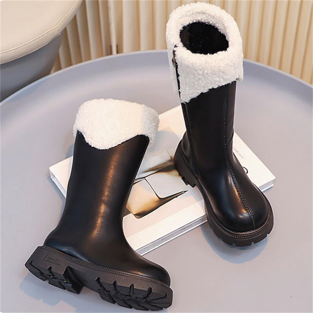 BXJX Girls Mid-Calf Boots, Fleece Lined Side Zipper Fall Winter Thermal Kids Riding Boots Black Size 2 Big Kids