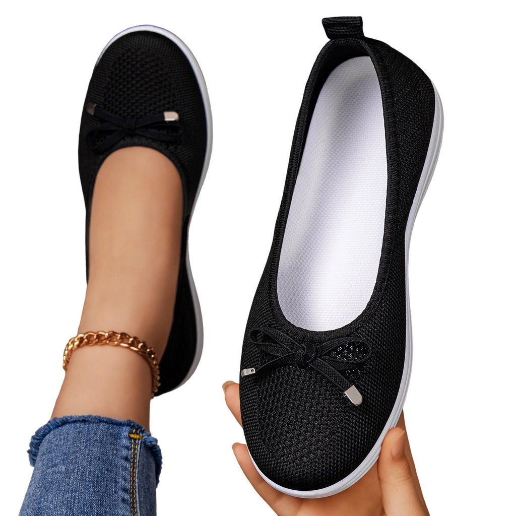 KIJBLAE Women's Plus Size Knit Mesh Low Cut Comfort Flats, Breathable Lightweight Slip On Daily Shoes Black 36