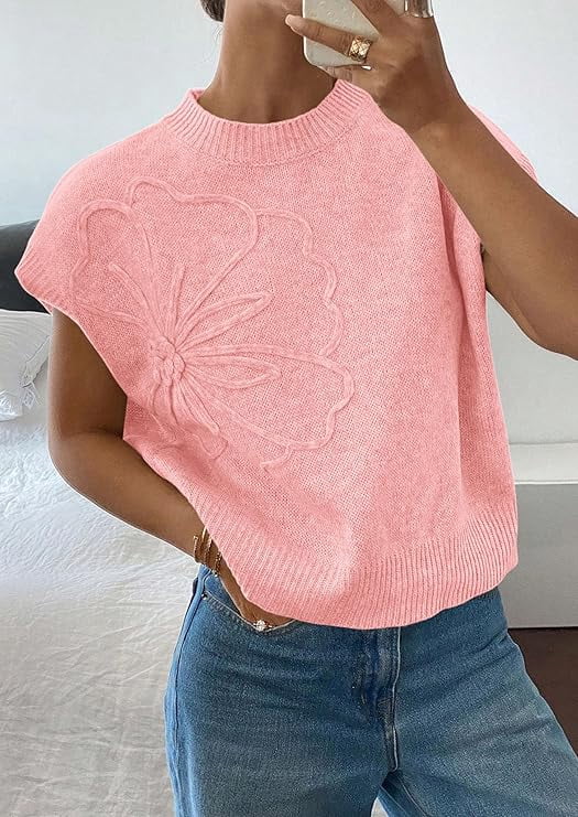 PRETTYGARDEN Women's Spring Sweater Vest Trendy Flower Knit Short Sleeve Cute Pullover Tank Tops Summer Fashion Clothing