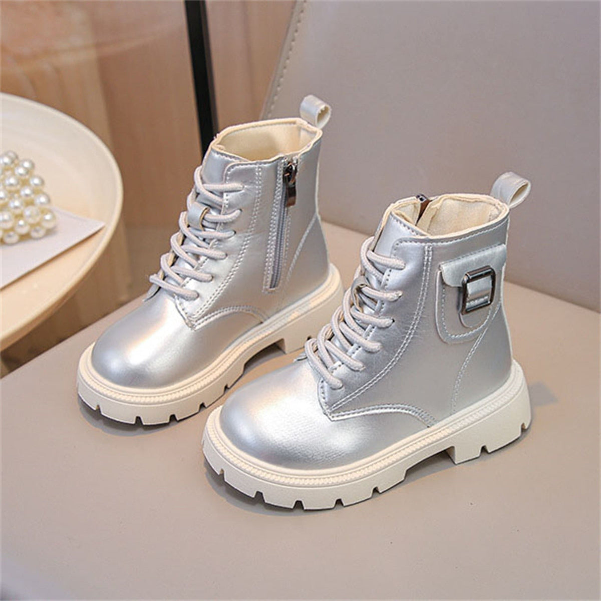 BXJX Girls Ankle Boots with Zipper, Outdoor Fall Winter Soft Sole Non-Slip Lace Up Boots Silver Size 12.5 Little Kids
